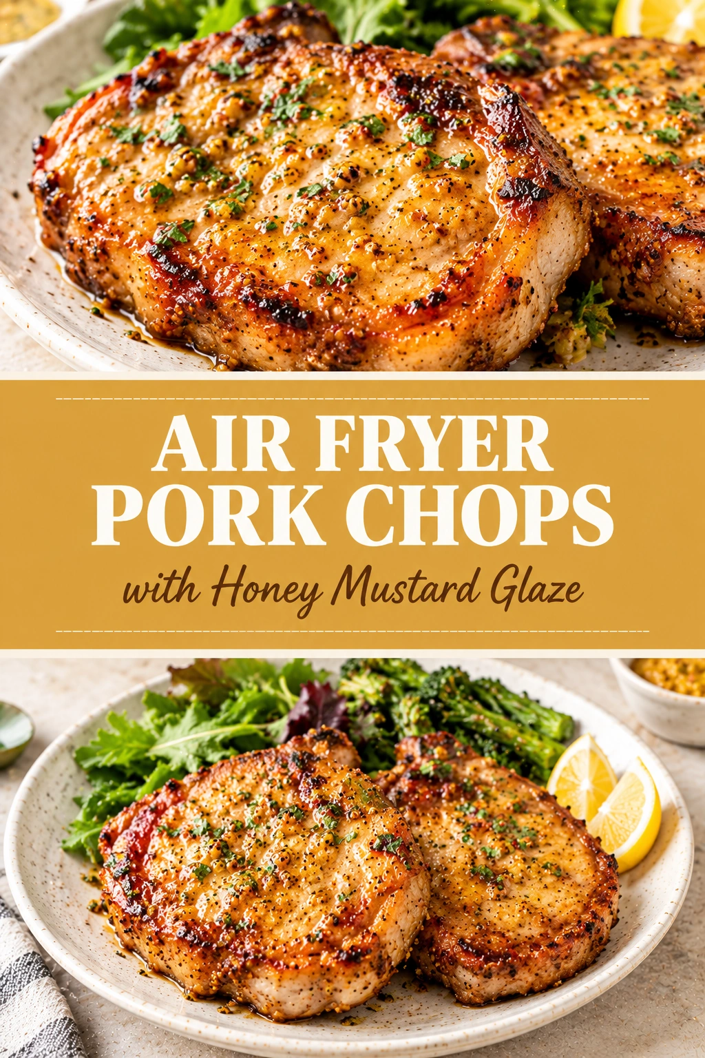 Golden-brown air fryer pork chops coated in a glossy honey mustard glaze, served on a plate with fresh parsley.