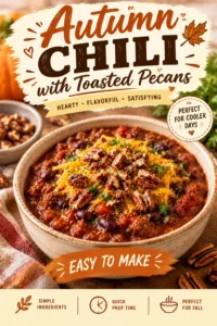 A bowl of hearty beef and bean chili topped with melted cheese, fresh cilantro, and crunchy toasted pecans.