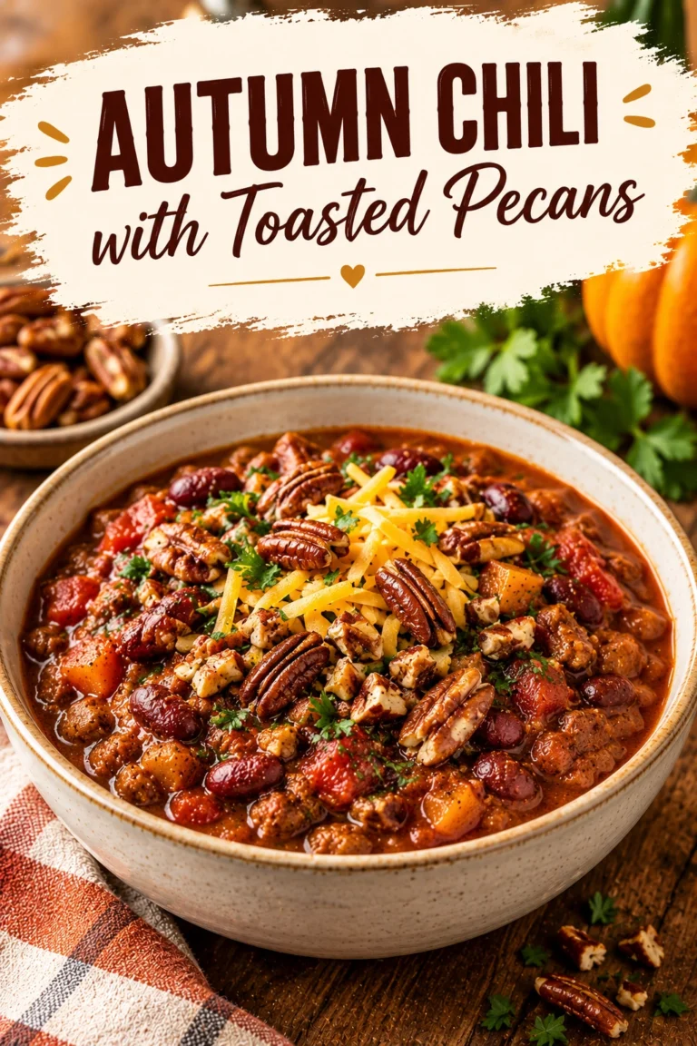 A bowl of hearty autumn chili topped with shredded cheddar cheese, fresh cilantro, and crunchy toasted pecan pieces.