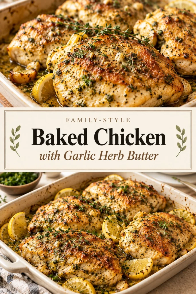 Golden brown baked chicken pieces in a roasting pan, topped with melted garlic herb butter and fresh parsley garnish.