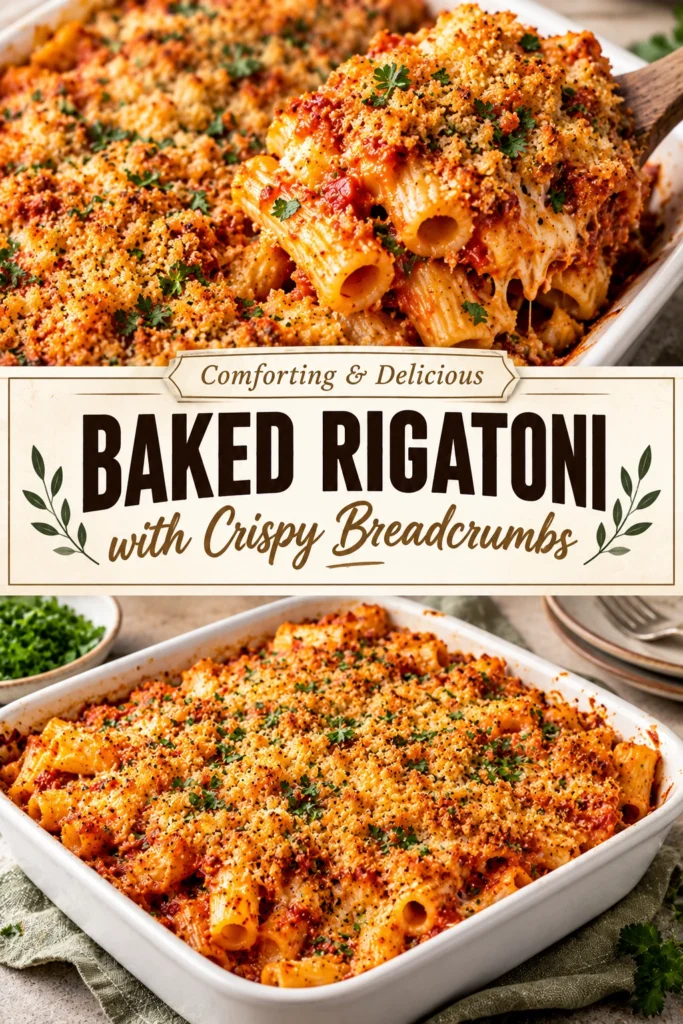 Baked rigatoni pasta in a red tomato sauce topped with melted mozzarella cheese and golden brown crispy breadcrumbs.