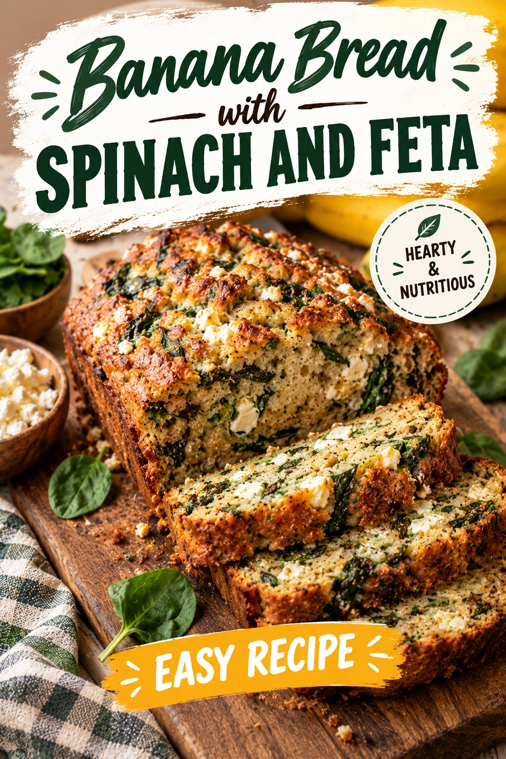 Slices of savory banana bread with visible pieces of green spinach and melted white feta cheese on a platter.