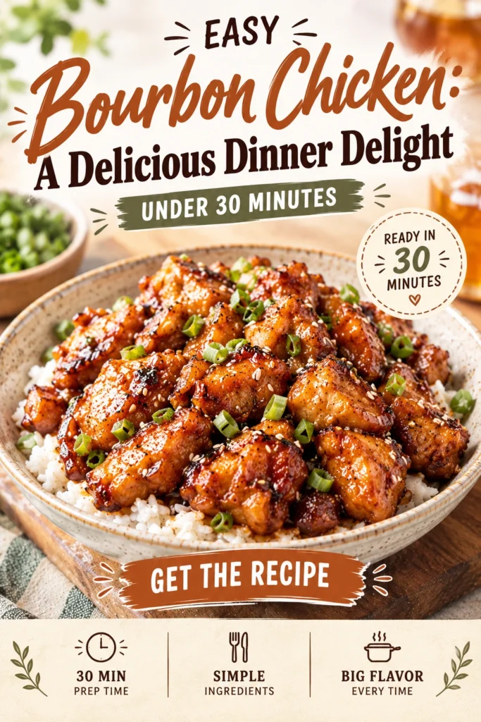 Glazed bourbon chicken chunks with sesame seeds and green onions served over white rice in a white bowl.