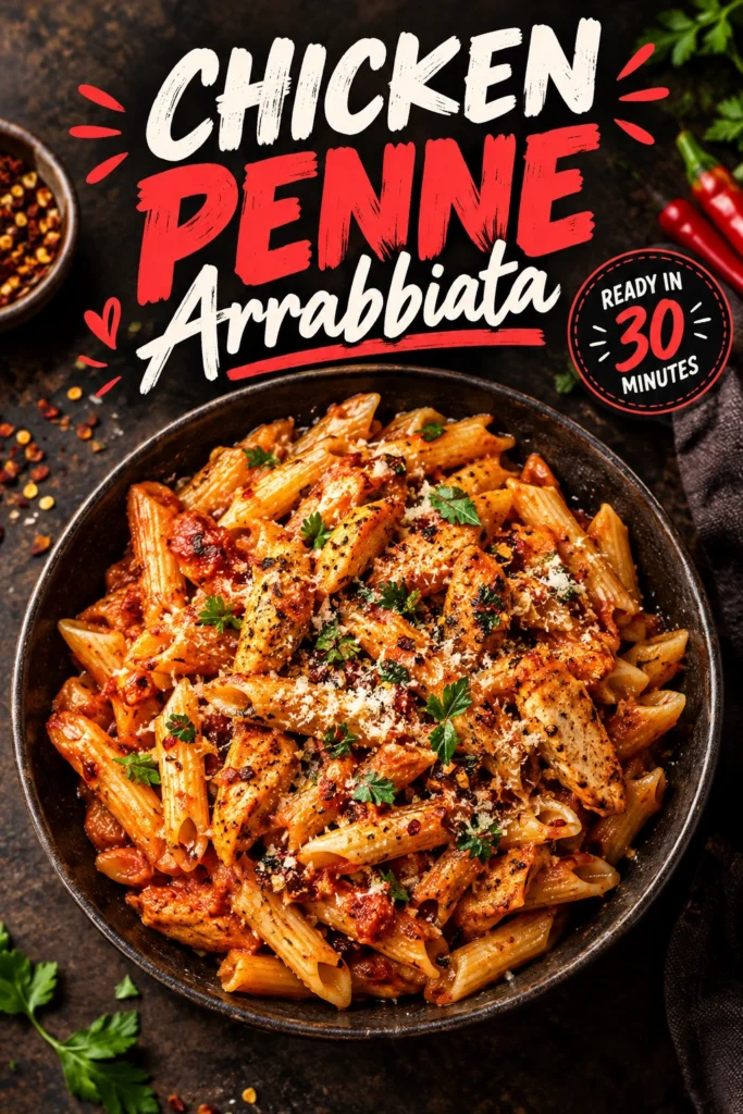 Penne pasta with sliced chicken breast in a spicy red tomato sauce, garnished with fresh parsley in a bowl.