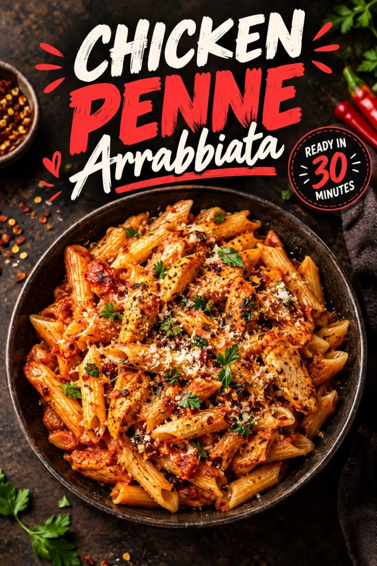 Penne pasta with sliced chicken breast in a spicy red tomato sauce, garnished with fresh parsley in a bowl.