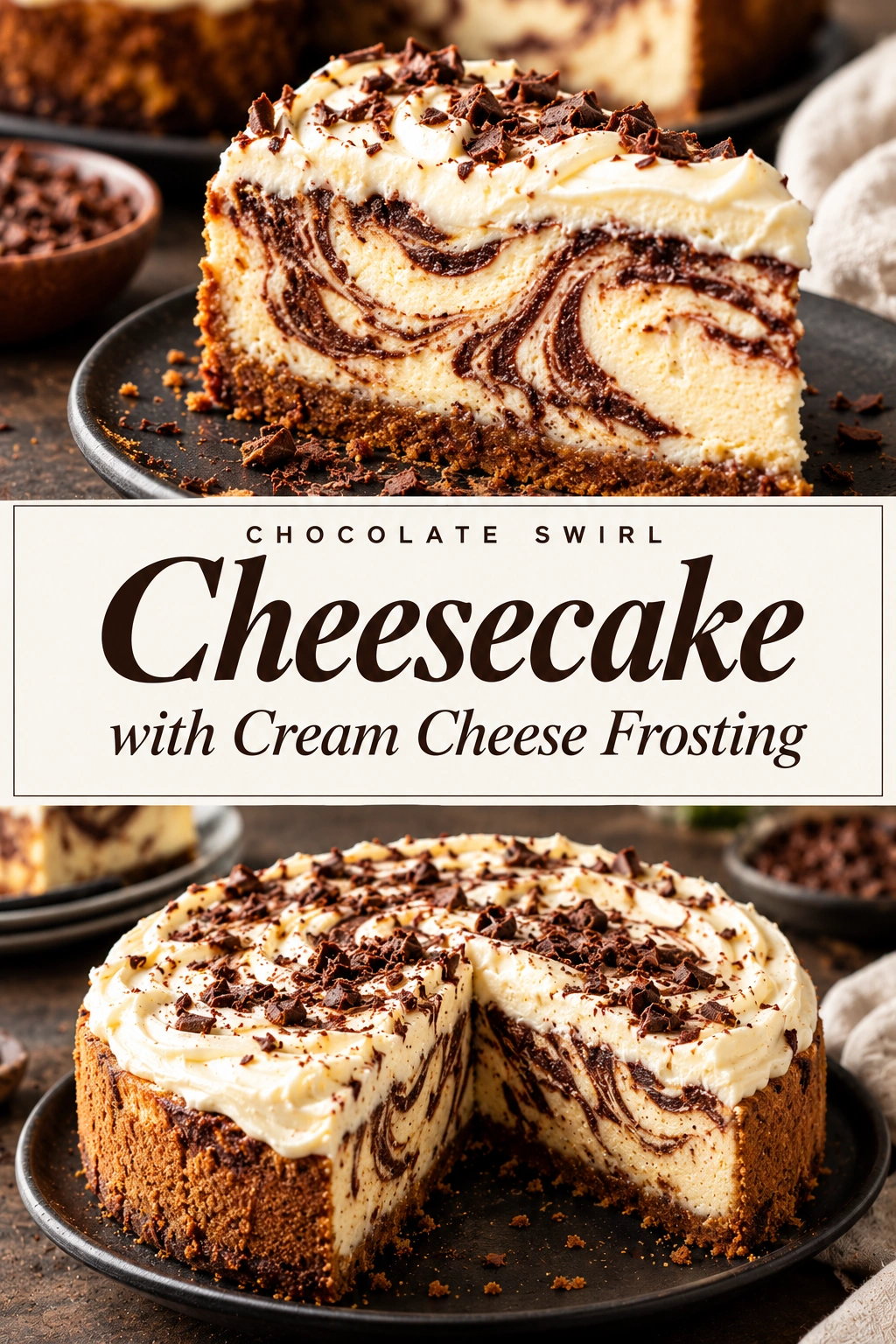 A slice of cheesecake with a chocolate swirl pattern, topped with swirls of white cream cheese frosting on a plate.