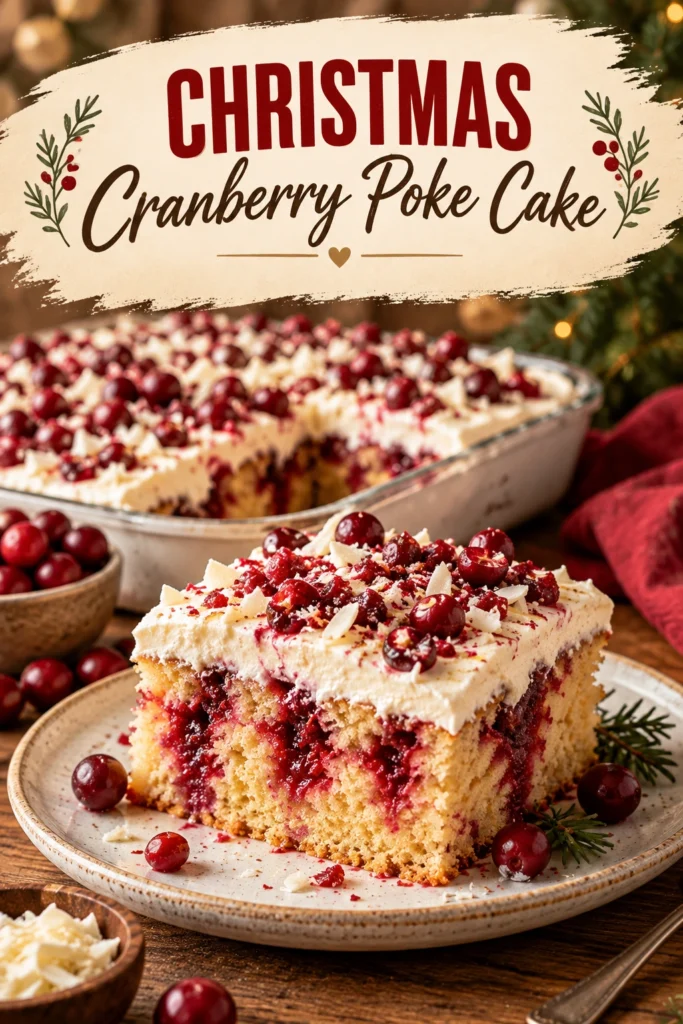 A slice of white cake topped with whipped cream and fresh cranberries, showing a bright red cranberry filling inside.