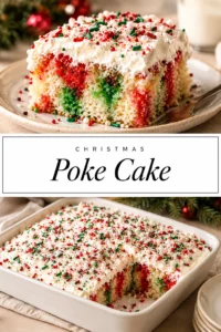 A white poke cake topped with swirls of creamy frosting, fresh raspberries, blueberries, and pomegranate seeds on a platter.