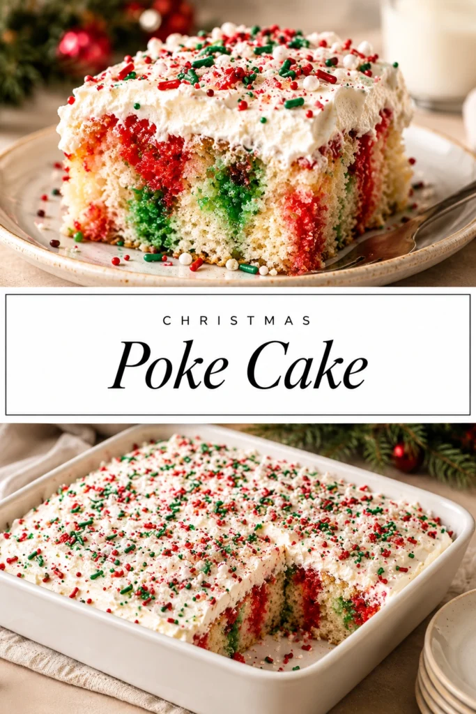 A white poke cake topped with swirls of creamy frosting, fresh raspberries, blueberries, and pomegranate seeds on a platter.