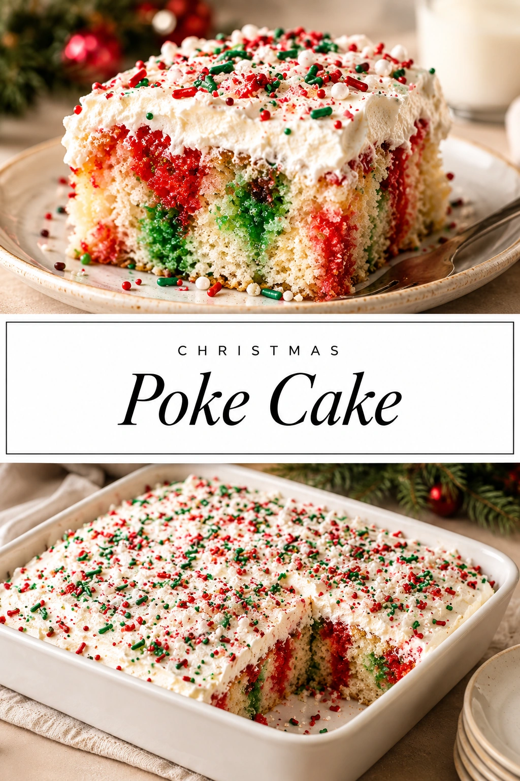 A white poke cake topped with swirls of creamy frosting, fresh raspberries, blueberries, and pomegranate seeds on a platter.
