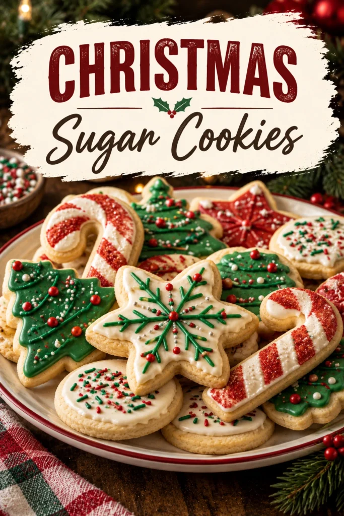 Star-shaped sugar cookies topped with swirls of white buttercream frosting and colorful sprinkles on a festive holiday platter.