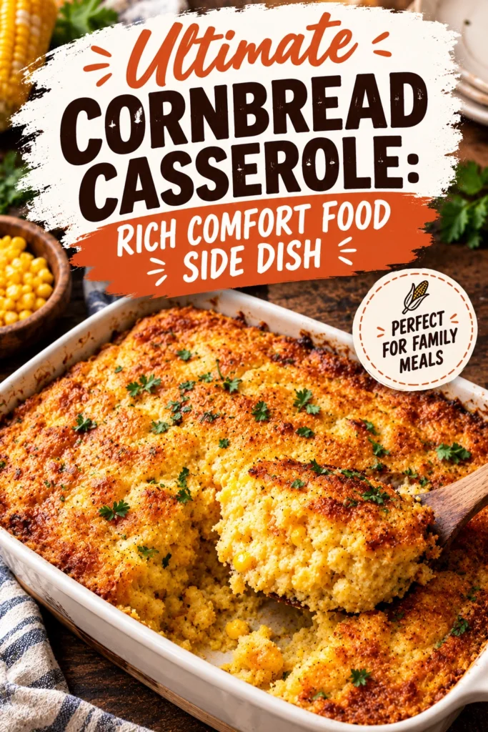 Golden brown cornbread casserole in a white baking dish, served as a square slice showing a moist, crumbly texture.