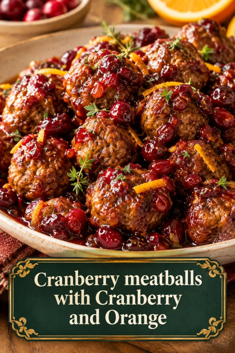 Glazed meatballs in a glossy cranberry orange sauce, garnished with fresh cranberries and orange slices on a white platter.