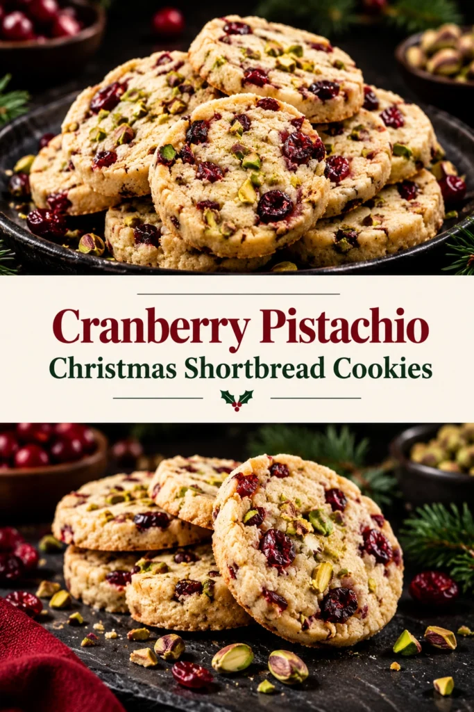 Round shortbread cookies topped with dried cranberries and chopped green pistachios, arranged on a platter for the holidays.