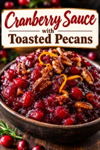 A glass bowl of deep red cranberry sauce topped with toasted pecan halves, served on a white tabletop.