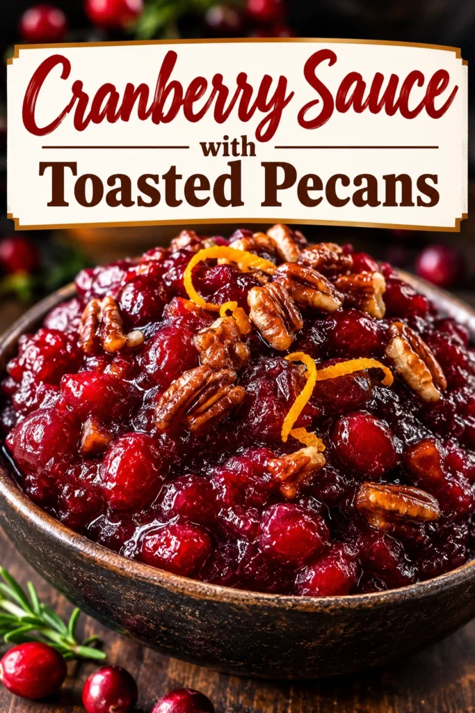A glass bowl of deep red cranberry sauce topped with toasted pecan halves, served on a white tabletop.