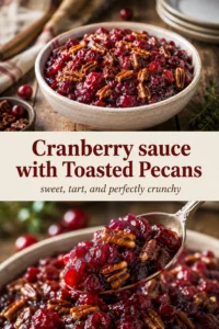 A glass bowl of vibrant red cranberry sauce topped with golden toasted pecans, served on a rustic wooden table.