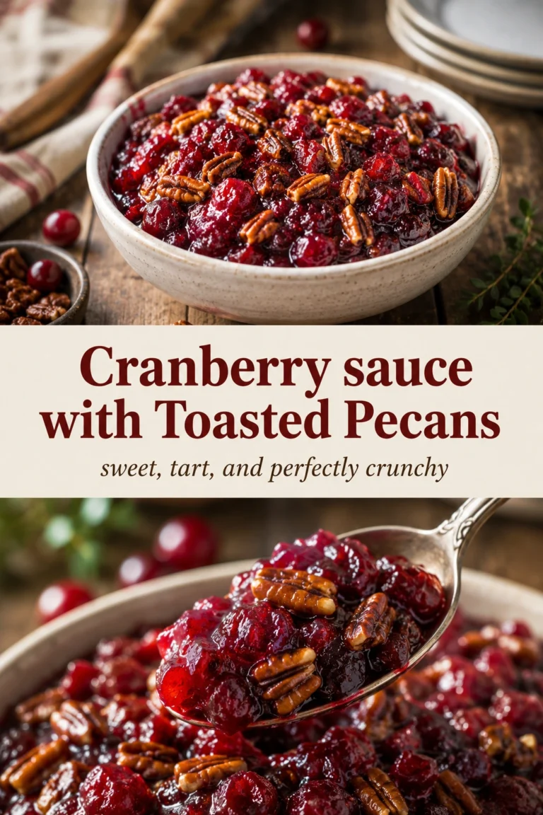 A glass bowl of vibrant red cranberry sauce topped with golden toasted pecans, served on a rustic wooden table.