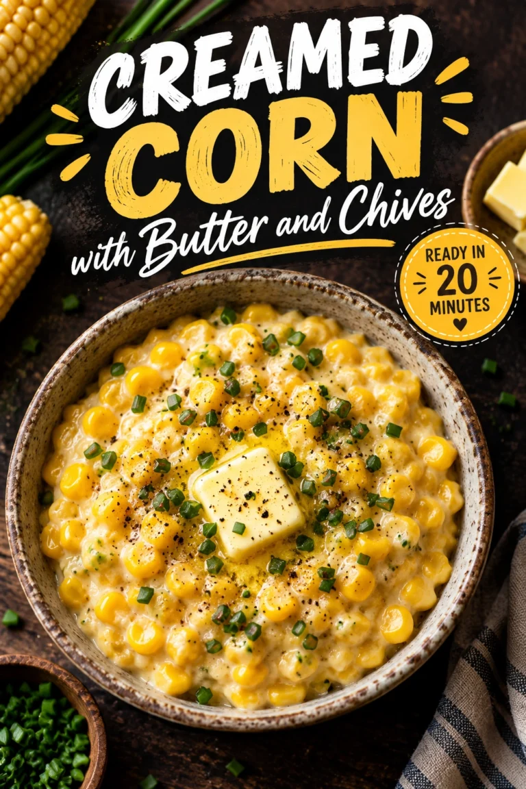A white bowl of creamy yellow corn topped with melted butter and freshly chopped green chives.