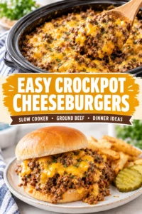 Slow cooker ground beef cheeseburger mixture topped with melted cheddar cheese and sliced green onions in a ceramic pot.
