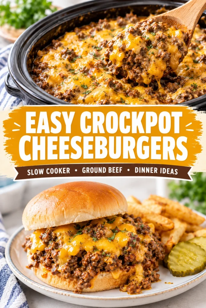 Slow cooker ground beef cheeseburger mixture topped with melted cheddar cheese and sliced green onions in a ceramic pot.