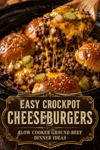 Slow cooker ground beef cheeseburgers with melted cheddar cheese in a ceramic pot, served with toasted buns on the side.