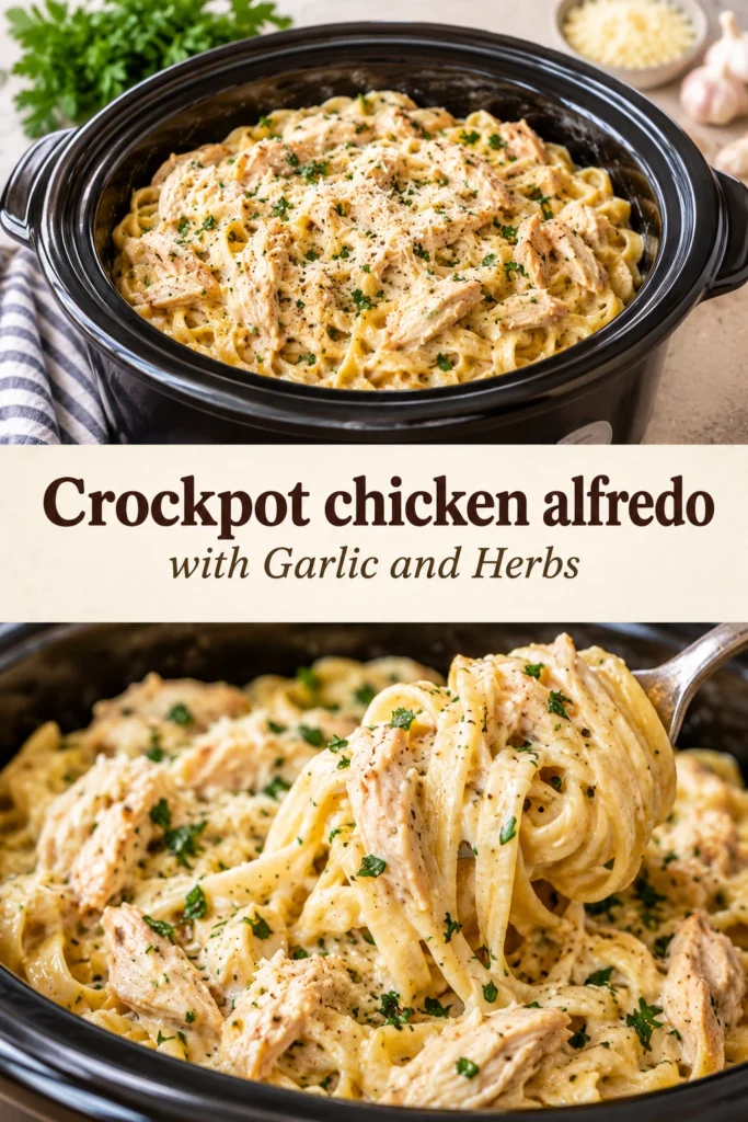 Creamy chicken alfredo pasta in a slow cooker, garnished with fresh parsley and cracked black pepper.