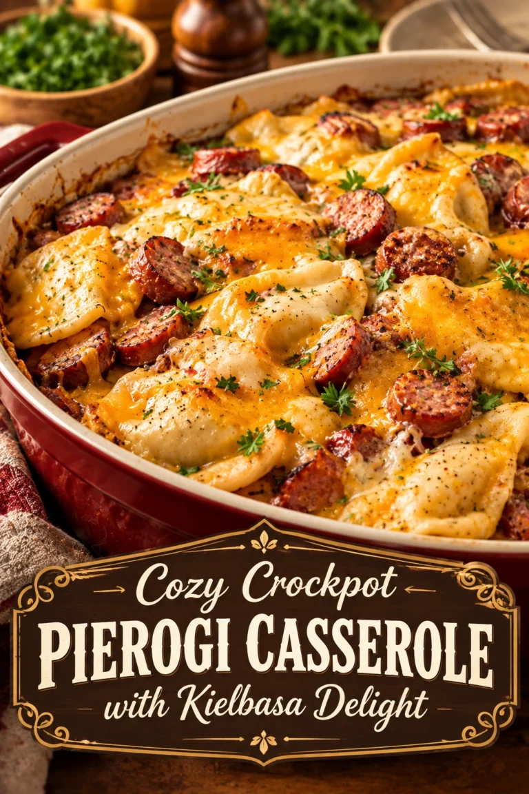 A slow cooker casserole of potato and cheese pierogis mixed with sliced kielbasa sausage and melted bubbly cheese.