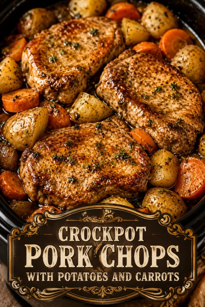 Slow cooked pork chops with tender potatoes and carrots in a savory brown gravy, served in a rustic pot.