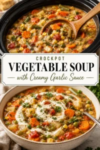 A bowl of hearty vegetable soup with carrots, peas, and potatoes in a creamy garlic sauce, garnished with parsley.