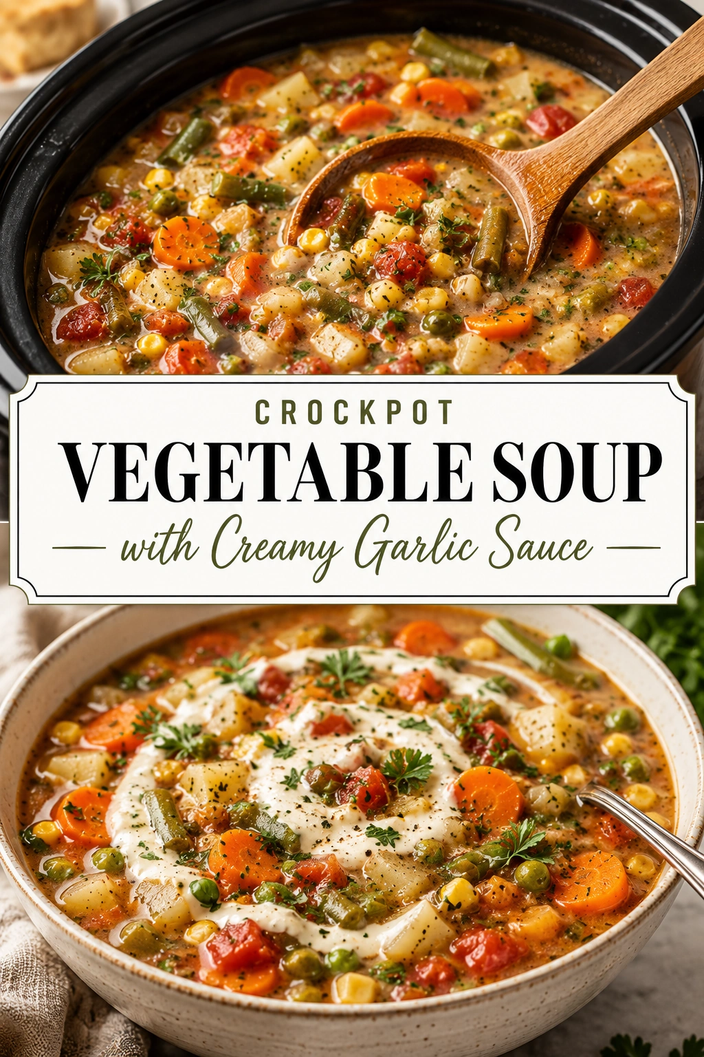 A bowl of hearty vegetable soup with carrots, peas, and potatoes in a creamy garlic sauce, garnished with parsley.