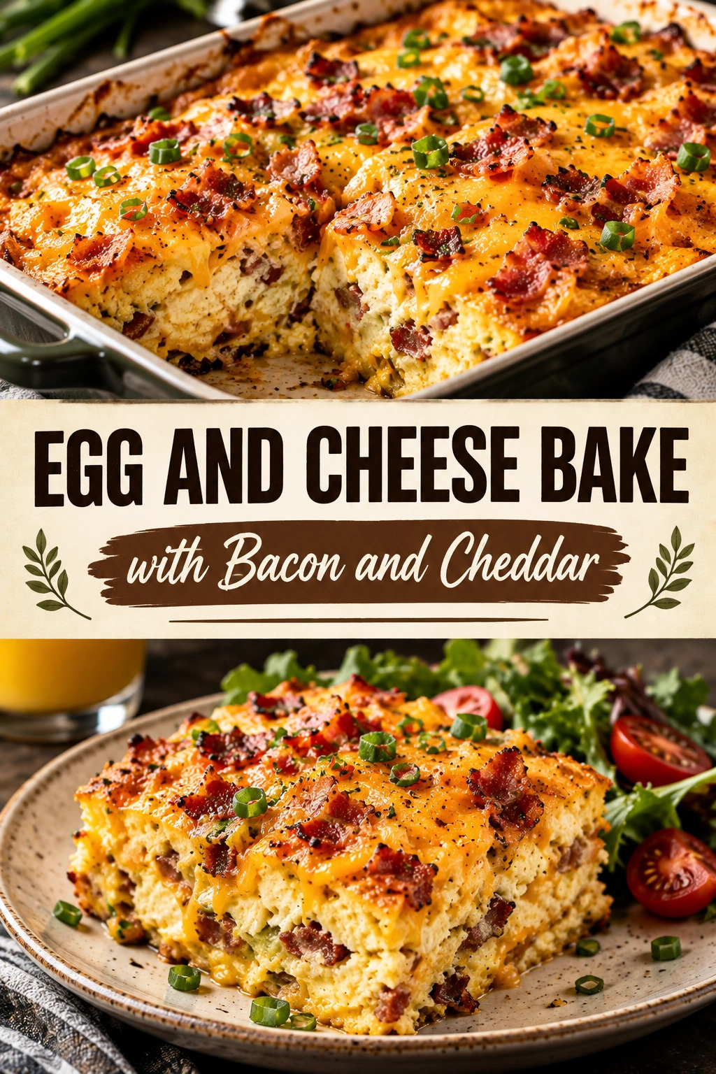 A golden brown egg and cheese bake in a baking dish, topped with melted cheddar and crispy bacon bits.
