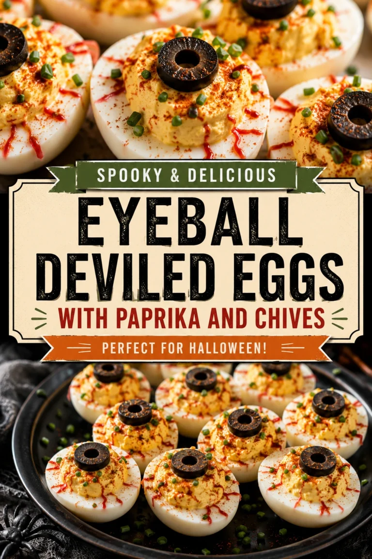 Deviled eggs topped with paprika and chives, featuring olive slices and red pepper pieces to look like eyeballs.