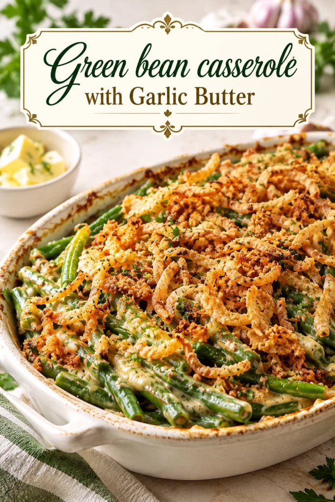 Creamy green bean casserole with garlic butter in a white baking dish, topped with golden brown fried onions.