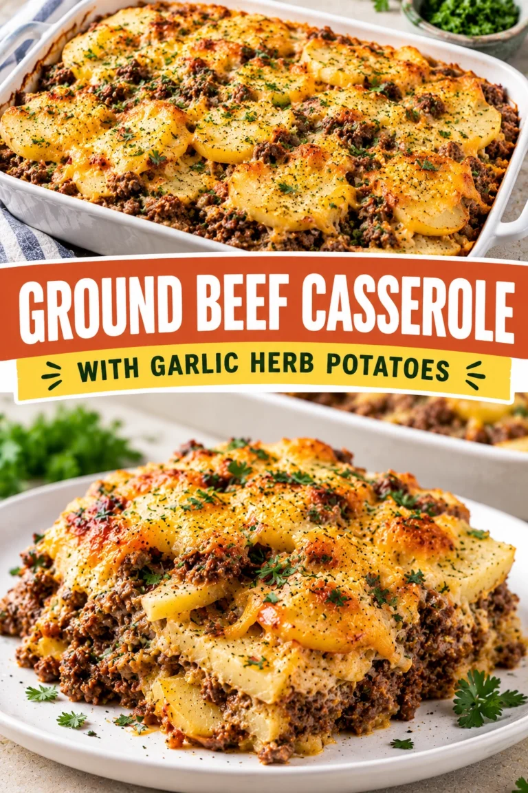 A baked casserole of seasoned ground beef topped with a layer of sliced golden garlic herb potatoes.