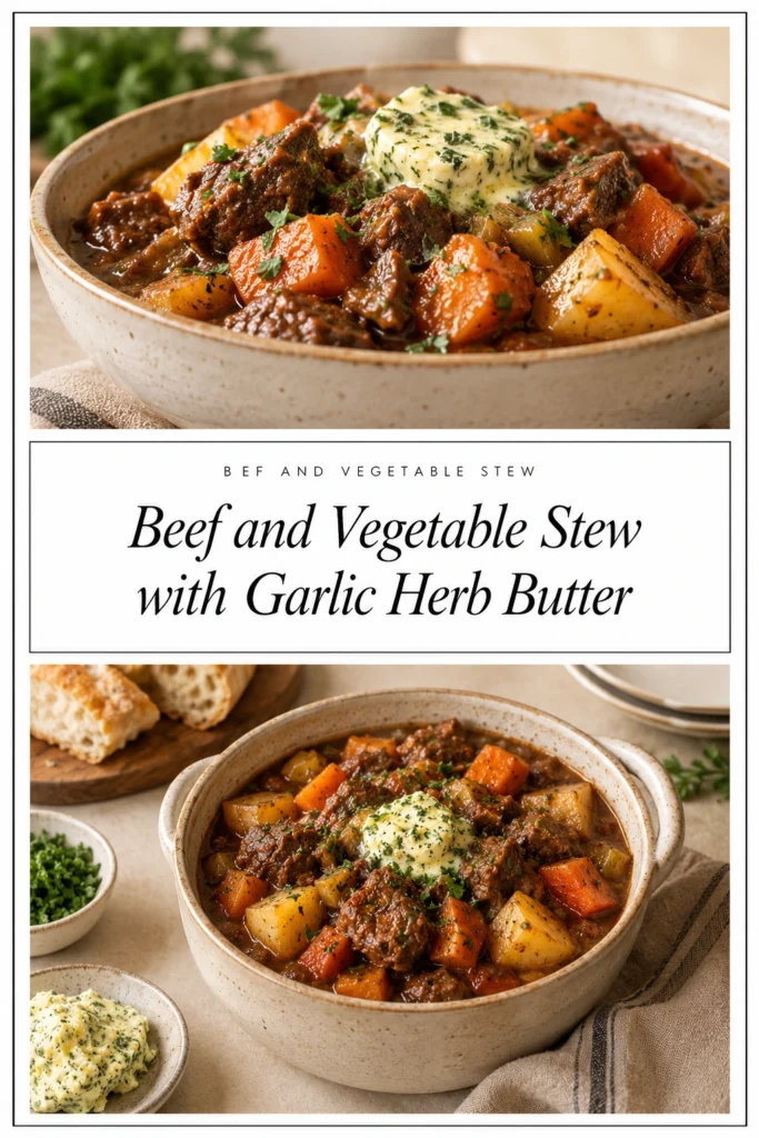 Hearty beef stew with chunks of meat and vegetables in a dark Guinness gravy, topped with creamy peppercorn sauce.