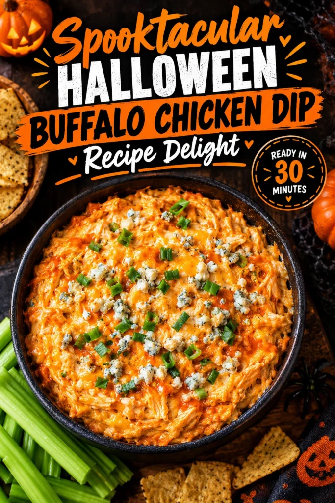 Creamy buffalo chicken dip in a bowl topped with melted cheese and a carved pumpkin face made of vegetables.