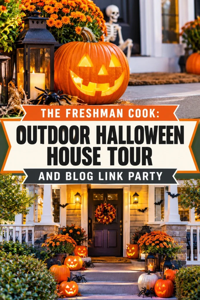 Spooky Halloween house outdoor decorations featuring pumpkins, skeletons, and eerie lighting for a themed holiday home tour.