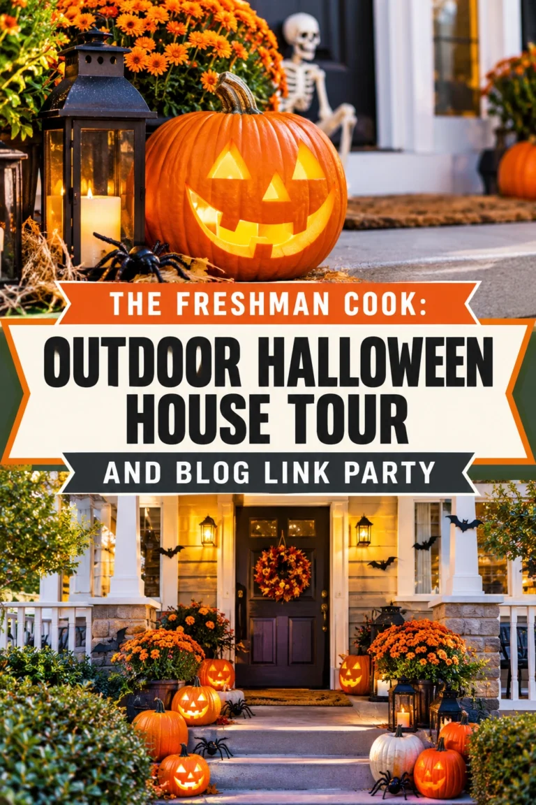 Spooky Halloween house outdoor decorations featuring pumpkins, skeletons, and eerie lighting for a themed holiday home tour.