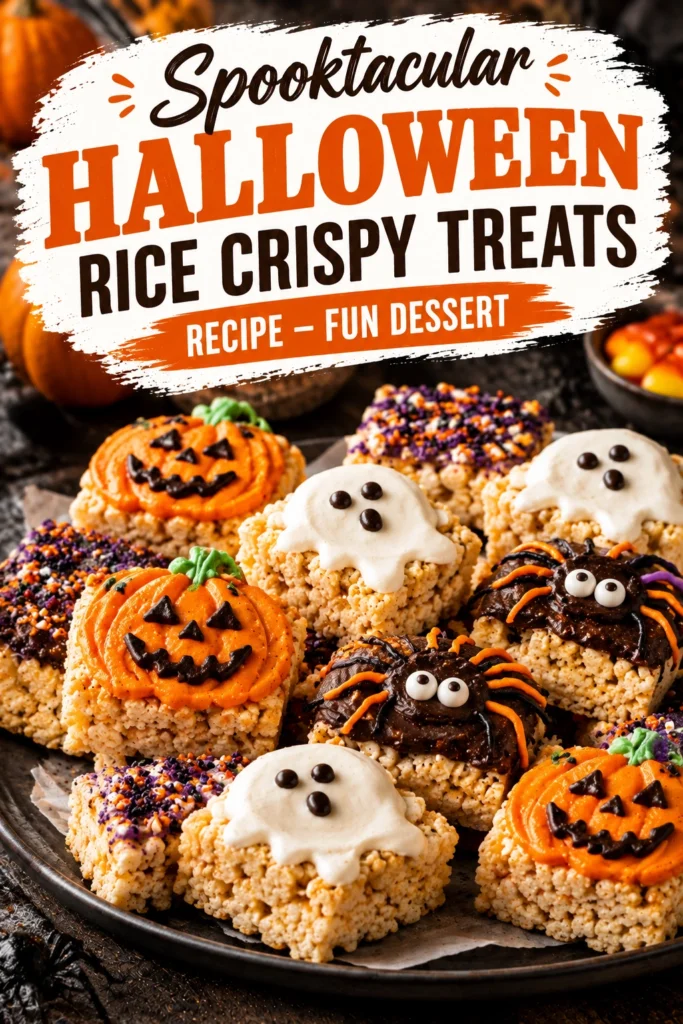 Halloween rice crispy treats cut into ghost shapes with small chocolate chip eyes on a white platter.