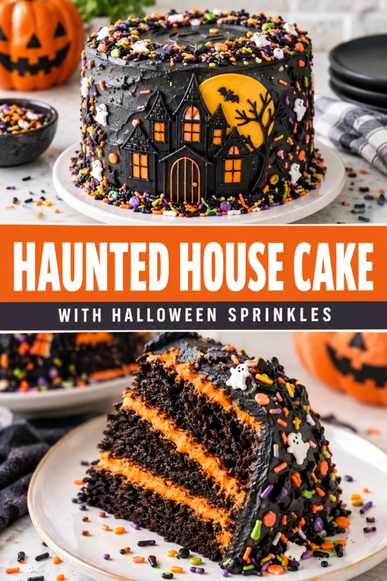 A tiered cake shaped like a haunted house with grey frosting, orange accents, and colorful Halloween sprinkles on top.