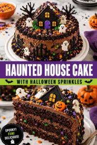 A multi-layered cake shaped like a haunted house with grey frosting, orange halloween sprinkles, and spooky decorative details.