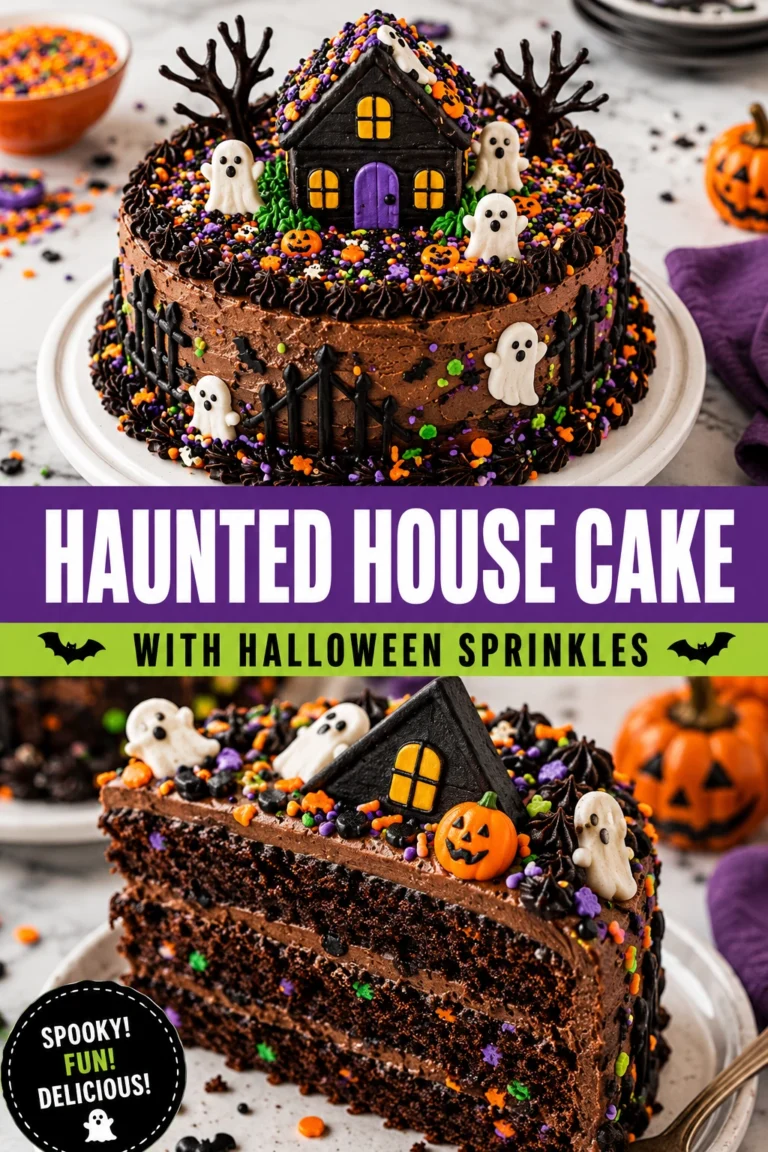 A multi-layered cake shaped like a haunted house with grey frosting, orange halloween sprinkles, and spooky decorative details.