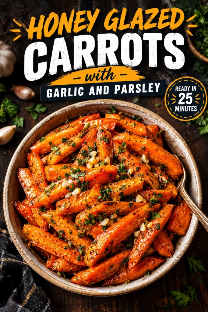 Roasted whole carrots glazed in honey, garnished with minced garlic and fresh chopped parsley in a white ceramic bowl.