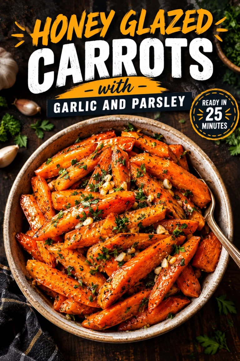 Roasted whole carrots glazed in honey, garnished with minced garlic and fresh chopped parsley in a white ceramic bowl.