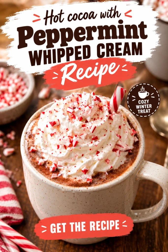 A mug of rich hot chocolate topped with a swirl of peppermint whipped cream and a fresh mint leaf.