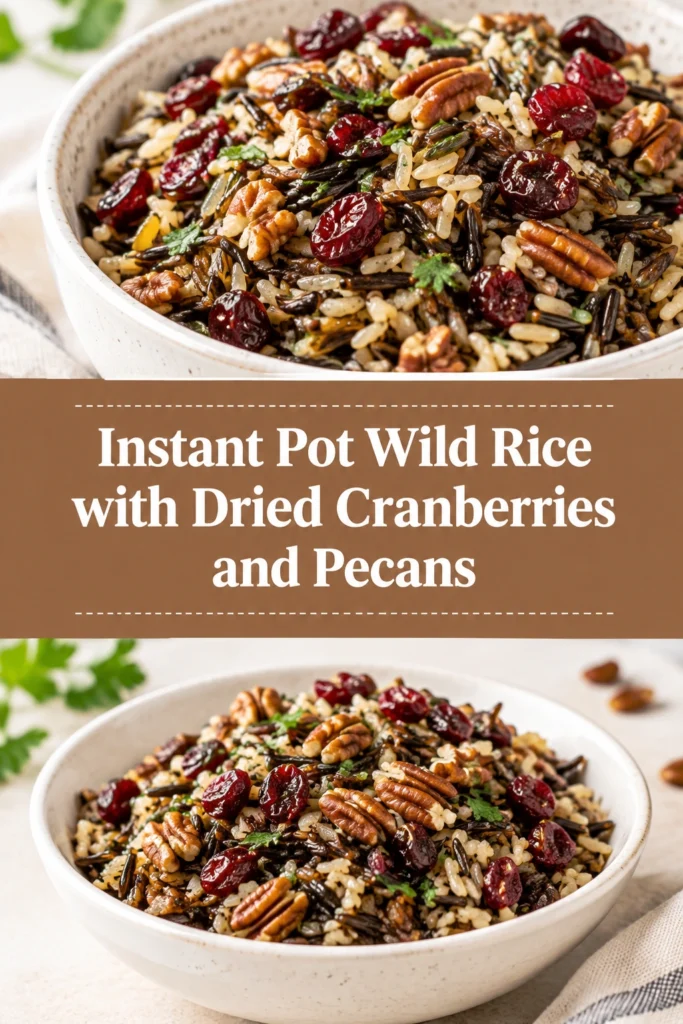 A bowl of cooked wild rice mixed with red dried cranberries and toasted pecan halves in a white dish.