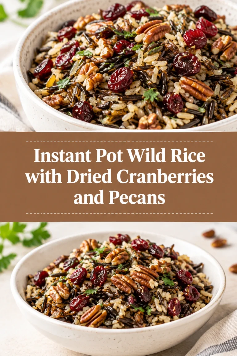 A bowl of cooked wild rice mixed with red dried cranberries and toasted pecan halves in a white dish.