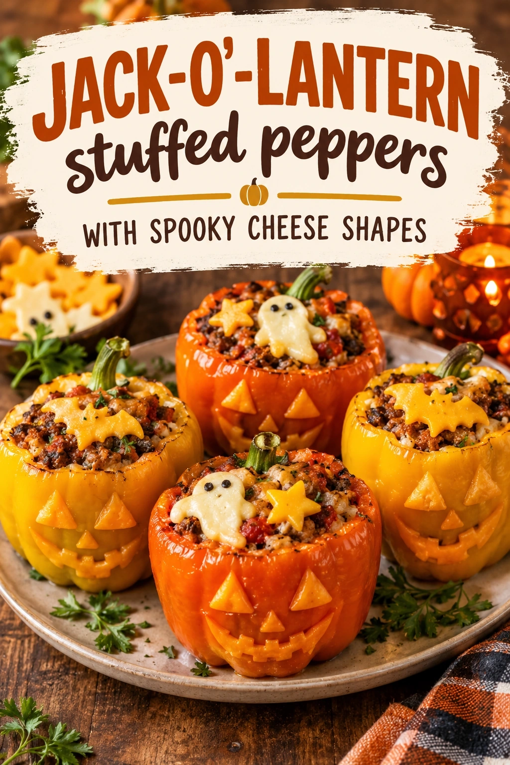Jack-o’-lantern stuffed peppers with Spooky Cheese Shapes | Halloween Dinner Idea recipe