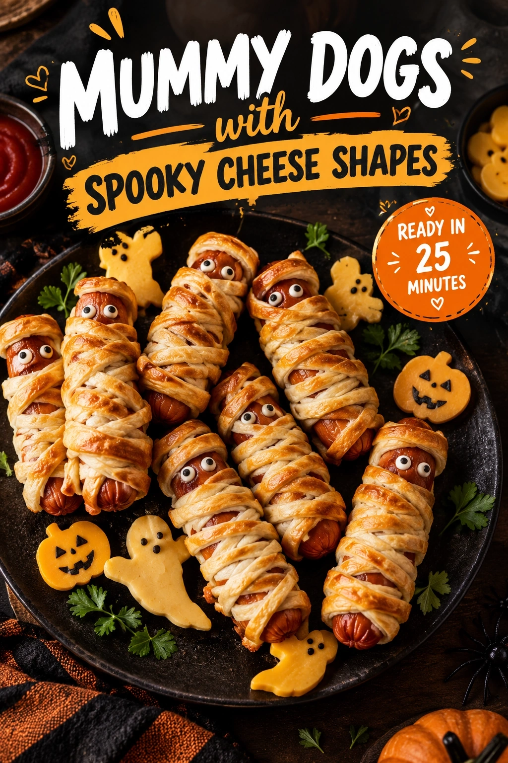Mummy Dogs with Spooky Cheese Shapes | Easy Halloween Appetizers for Kids recipe